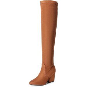 Women Faux Suede Brown Chunky Blocked Heel Thigh High Pointed Toe Fashion Boots